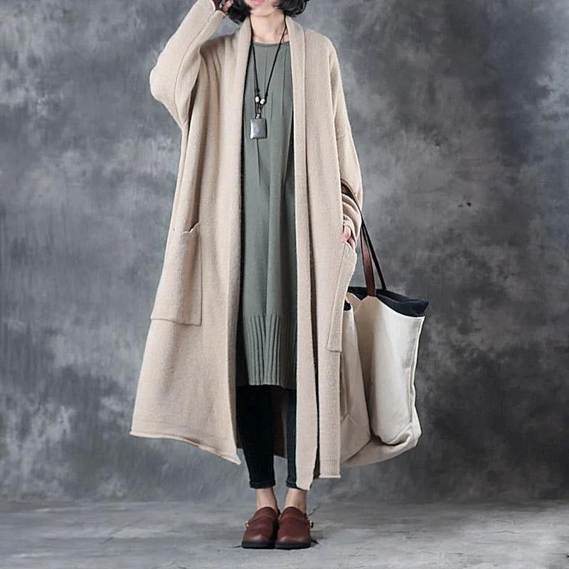 2017beige warm sweater coats plus size pockets  thick knit cardigan fall fashion