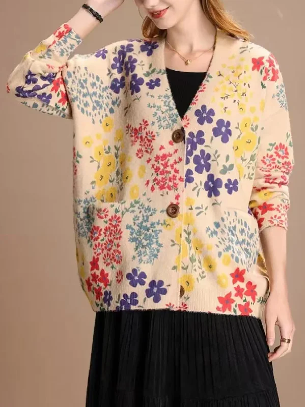 Women Casual Flower V-Neck Winter Cardigan Sweater