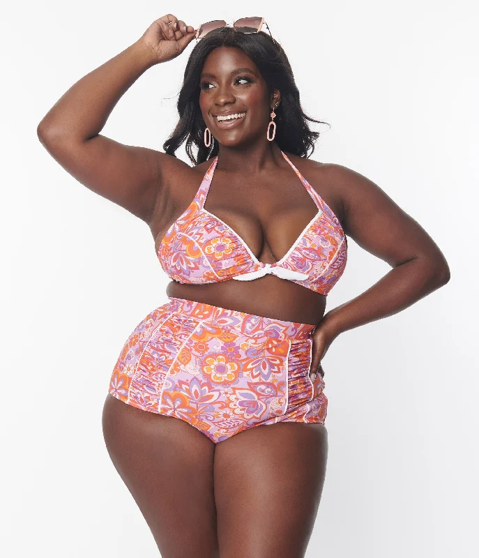 Unique Vintage Plus Size Purple & Orange Bohemian Floral Print Halter Swim Top