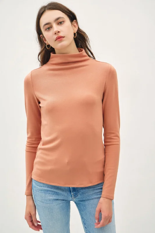 Hot Girl Be Cool Mock Neck Long Sleeve Top In Peach